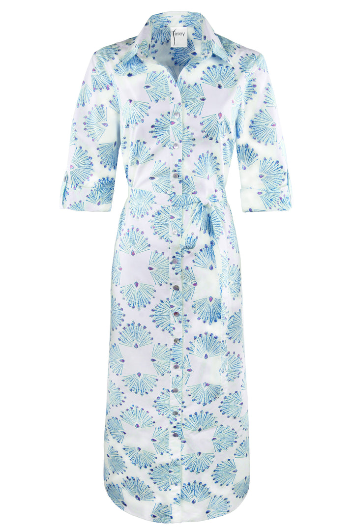 MENDED Alex Long Shirtdress Turquoise Peacock Print