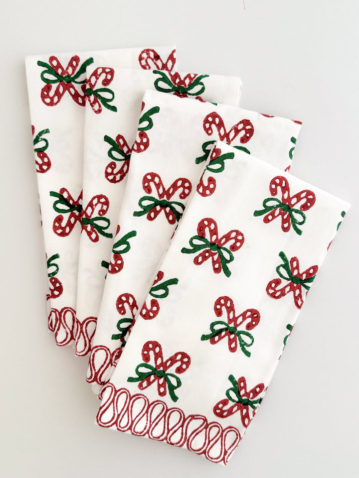 Organic Napkins (set of 4) - Candy Cane (small), Evergreen &amp; Red - The Mended Company