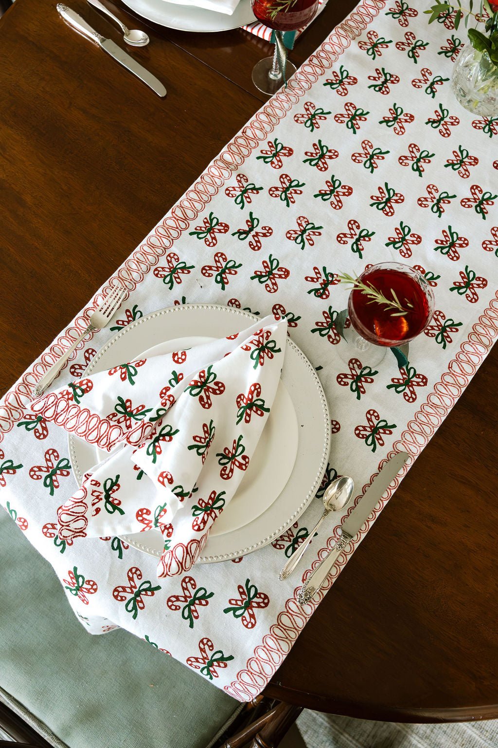 Organic Napkins (set of 4) - Candy Cane (small), Evergreen & Red - The Mended Company
