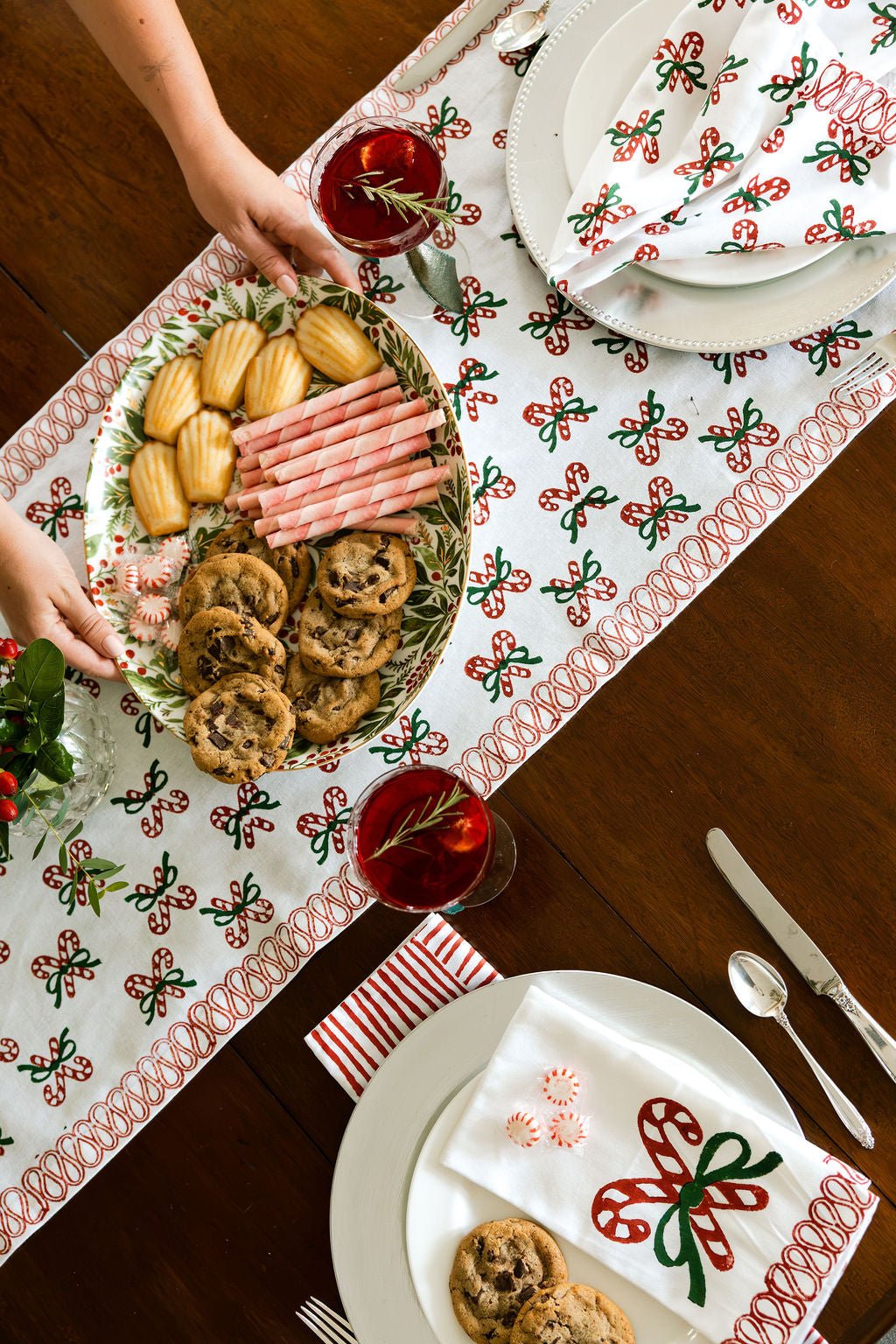 Organic Napkins (set of 4) - Candy Cane (small), Evergreen &amp; Red - The Mended Company