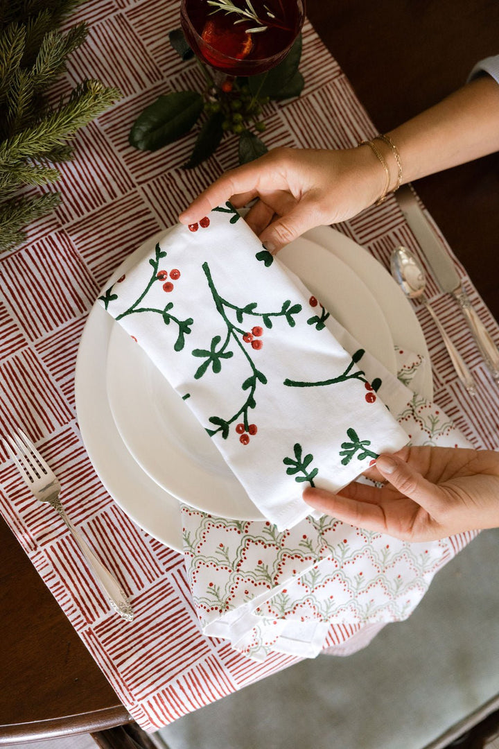 Organic Napkins (set of 4) - Winterberry, Evergreen &amp; Red - The Mended Company