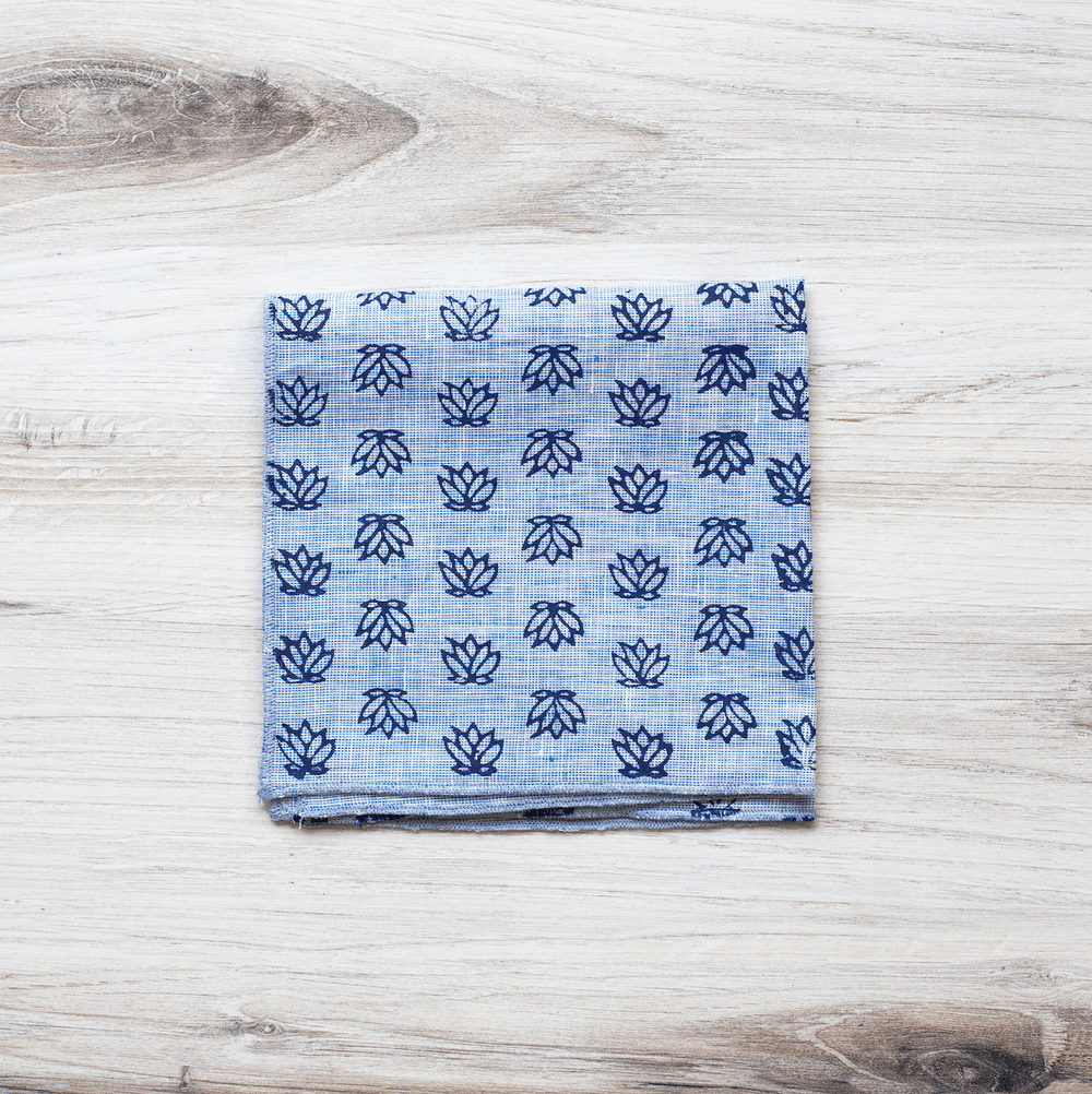 Pocket Square - Denim Linen with Baby Lotus, Navy - The Mended Company