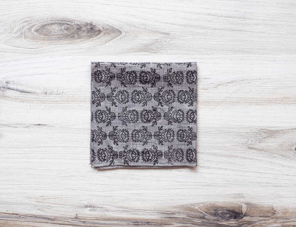 Pocket Square - Gray Linen with Protea, Black - The Mended Company