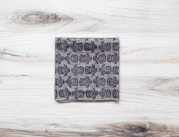 Pocket Square - Gray Linen with Protea, Black - The Mended Company