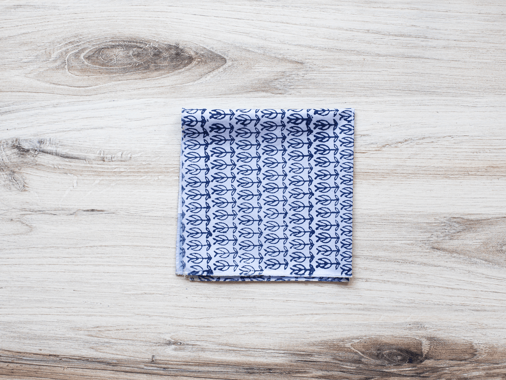 Pocket Square - Light Blue Cotton with Sprouts, Navy - The Mended Company