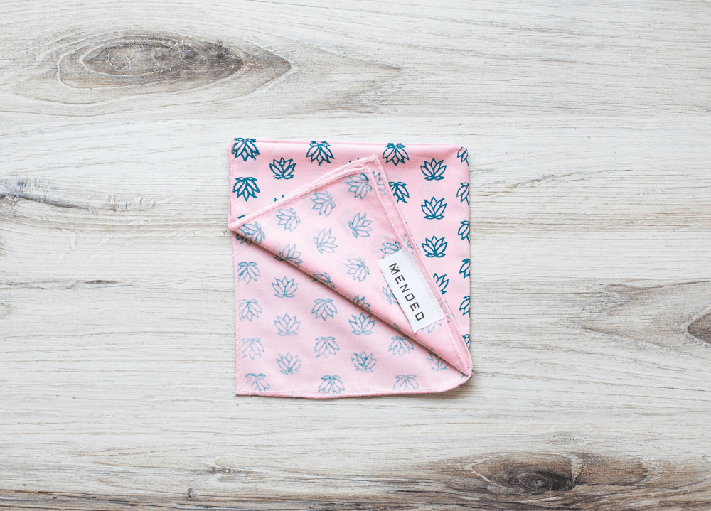 Pocket Square - Light Pink Cotton with Baby Lotus, Saltwater - The Mended Company