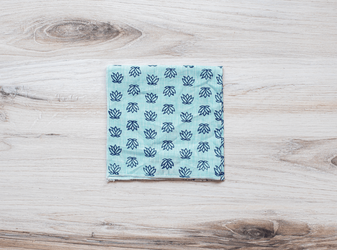 Pocket Square - Sea Green Linen with Baby Lotus, Navy - The Mended Company