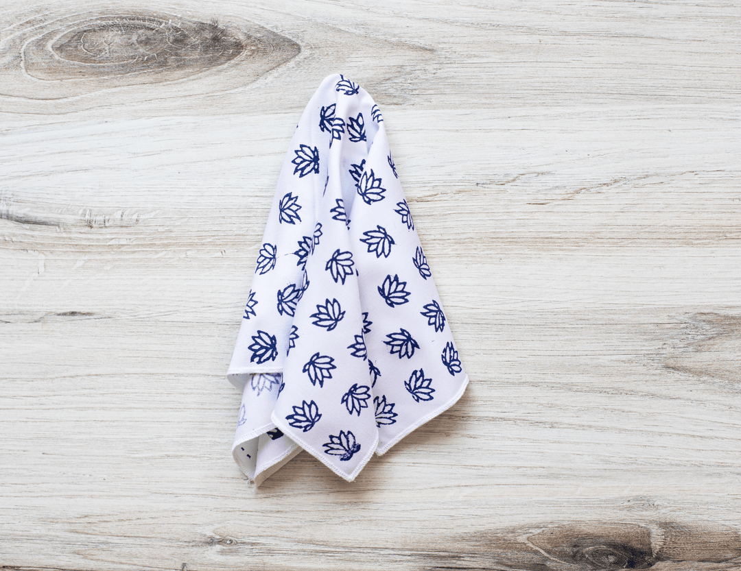 Pocket Square - White Cotton with Baby Lotus, Navy - The Mended Company