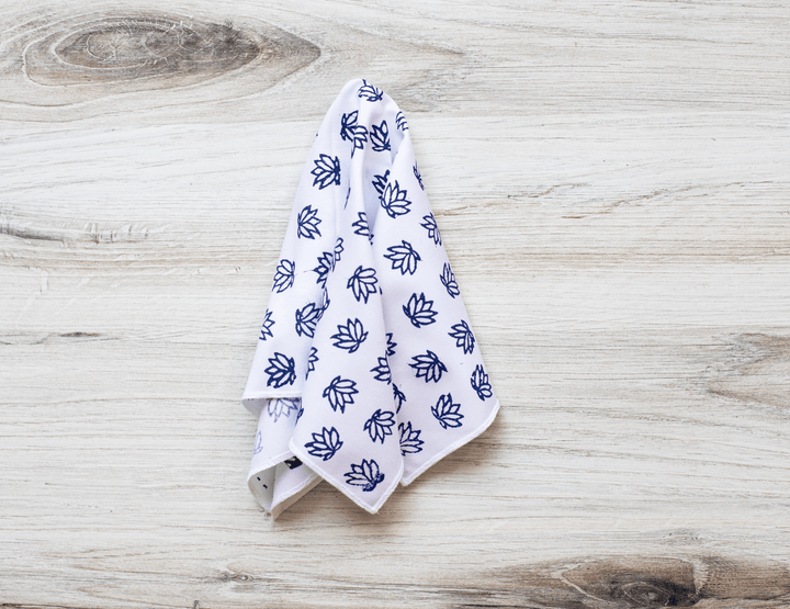 Pocket Square - White Cotton with Baby Lotus, Navy - The Mended Company