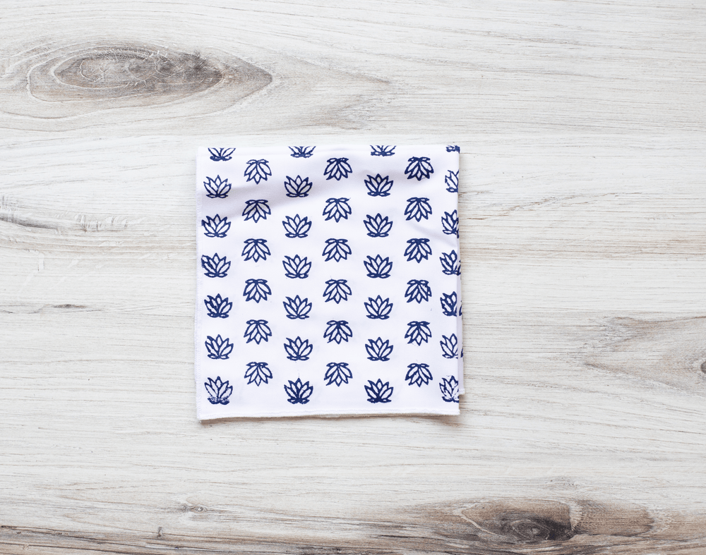 Pocket Square - White Cotton with Baby Lotus, Navy - The Mended Company