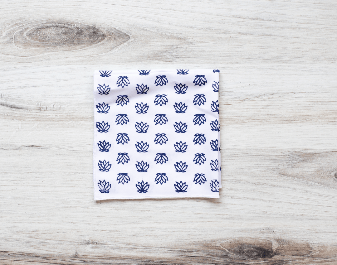 Pocket Square - White Cotton with Baby Lotus, Navy - The Mended Company