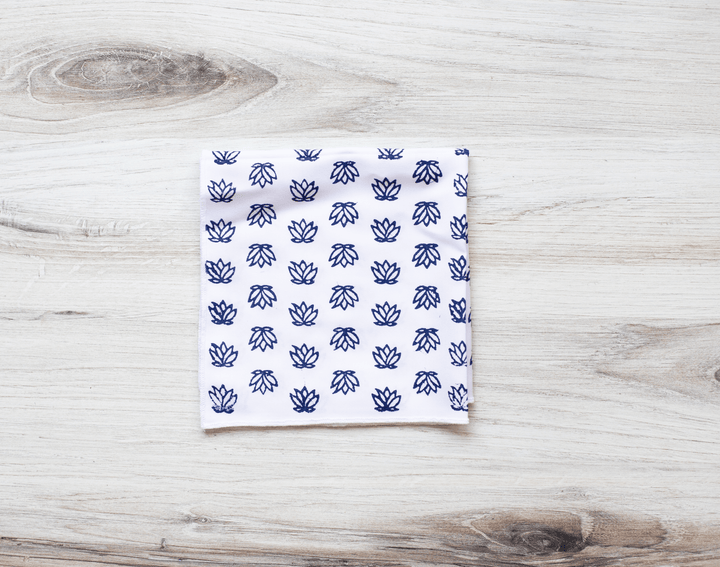 Pocket Square - White Cotton with Baby Lotus, Navy - The Mended Company