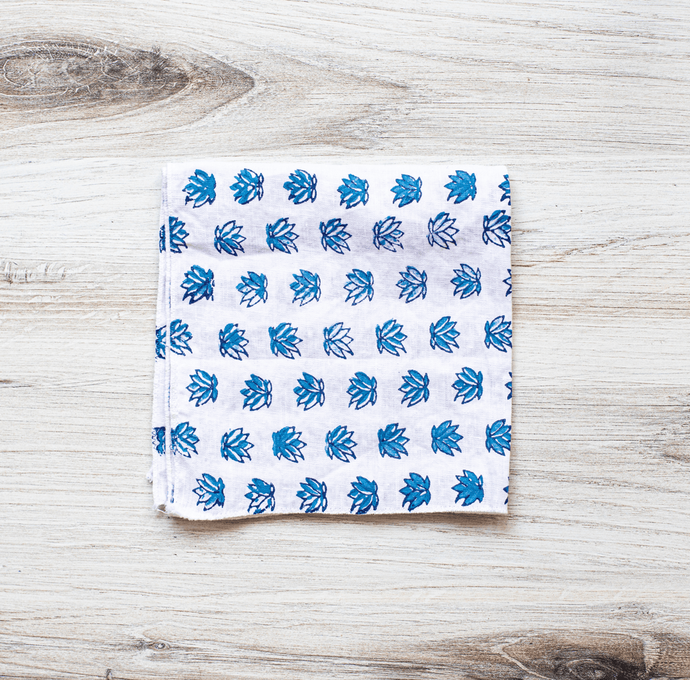 Pocket Square - White Linen with Lotus, Uniform Blue & Navy - The Mended Company