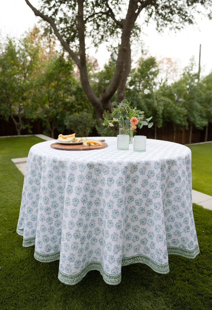 Round Tablecloth - Lotus, Sage &amp; Uniform Blue - The Mended Company