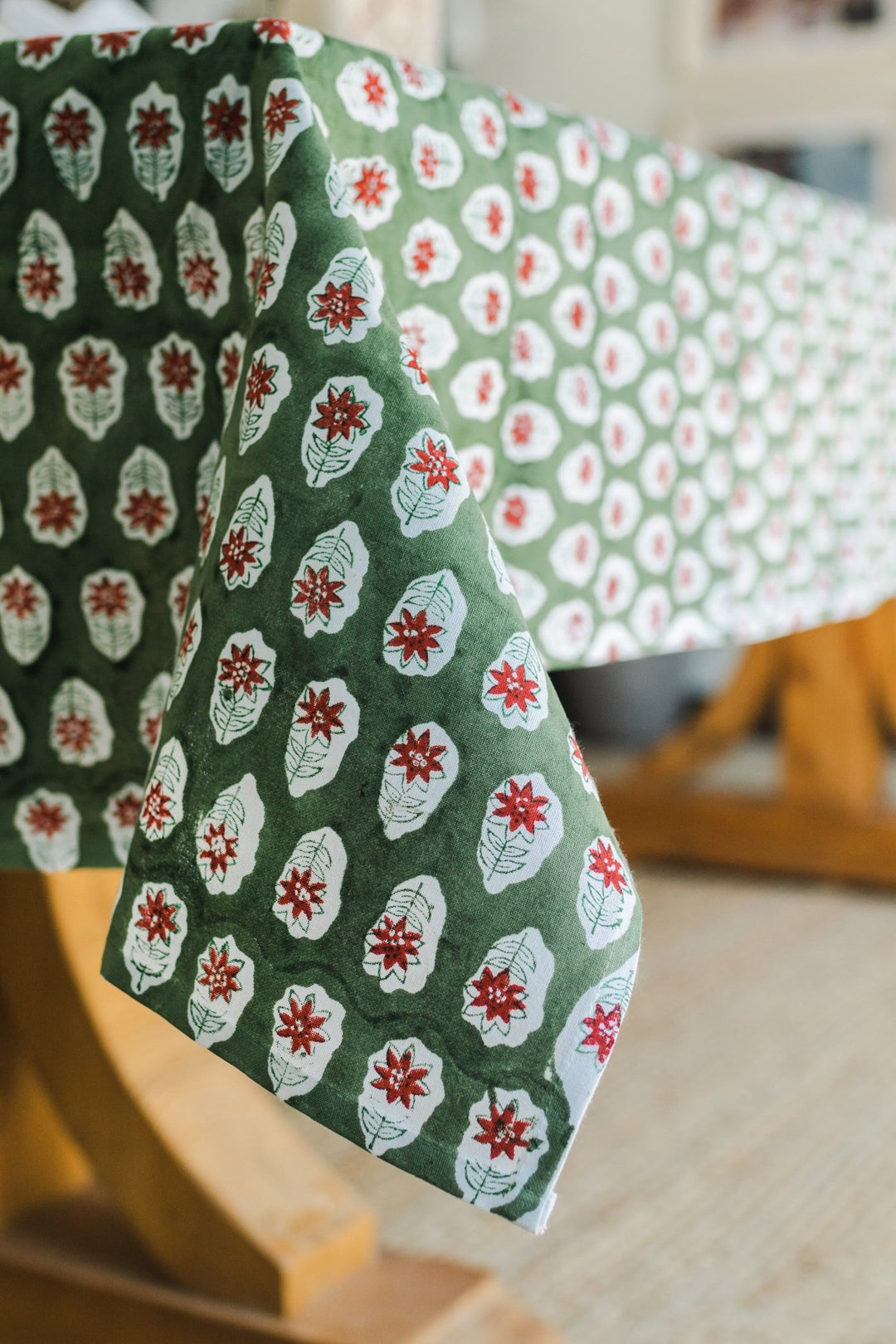 Round Tablecloth - Poinsettia - Sage, Evergreen & Red - The Mended Company