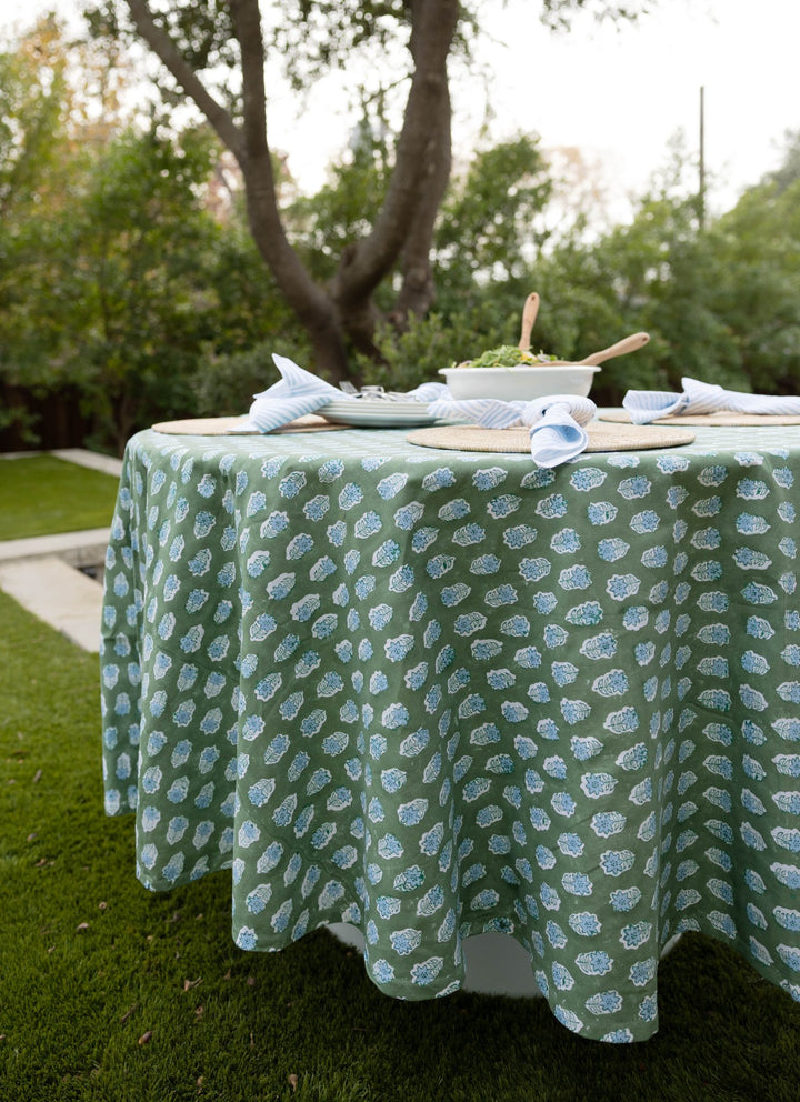 Round Tablecloth - Poinsettia - Sage, Evergreen &amp; Uniform Blue - The Mended Company