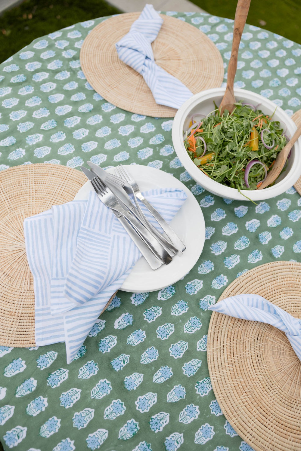Round Tablecloth - Poinsettia - Sage, Evergreen & Uniform Blue - The Mended Company