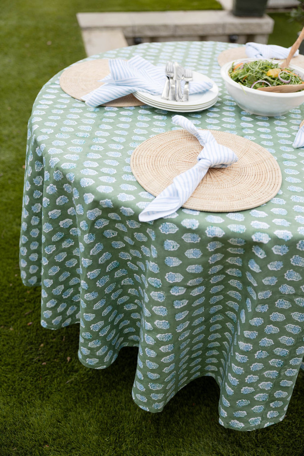 Round Tablecloth - Poinsettia - Sage, Evergreen & Uniform Blue - The Mended Company
