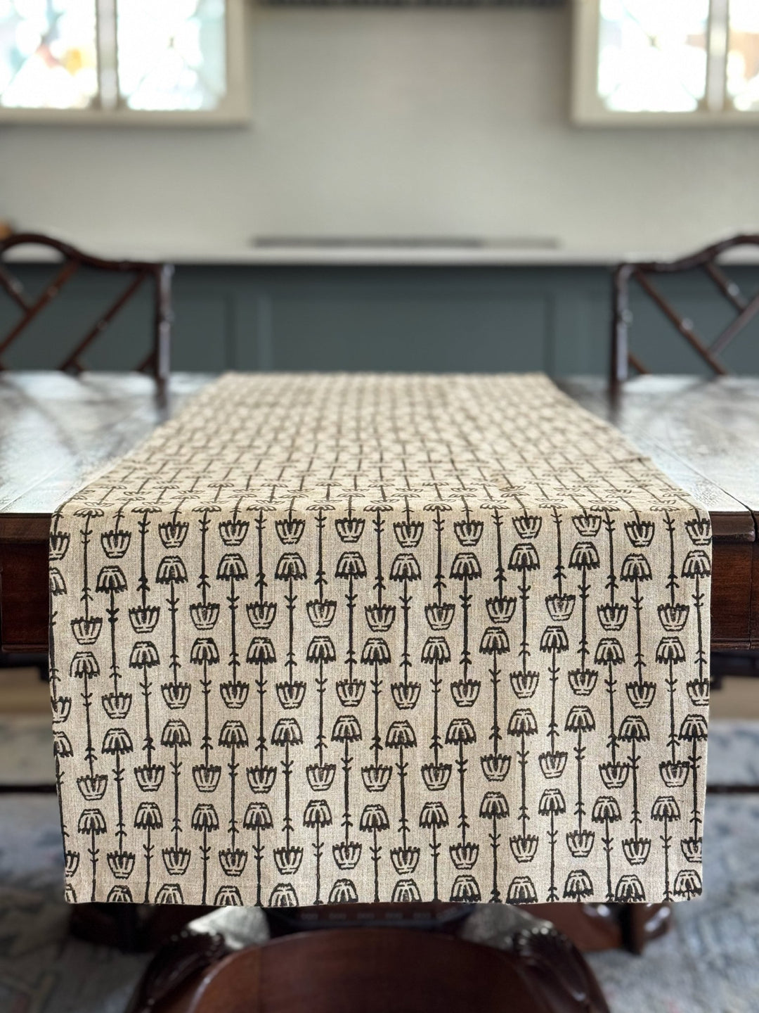 Table Runner (Flax Linen) - Mosaic Flower, Black - The Mended Company