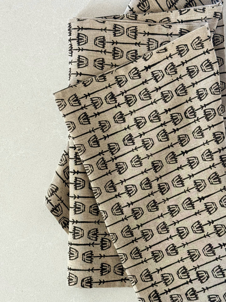 Table Runner (Flax Linen) - Mosaic Flower, Black - The Mended Company
