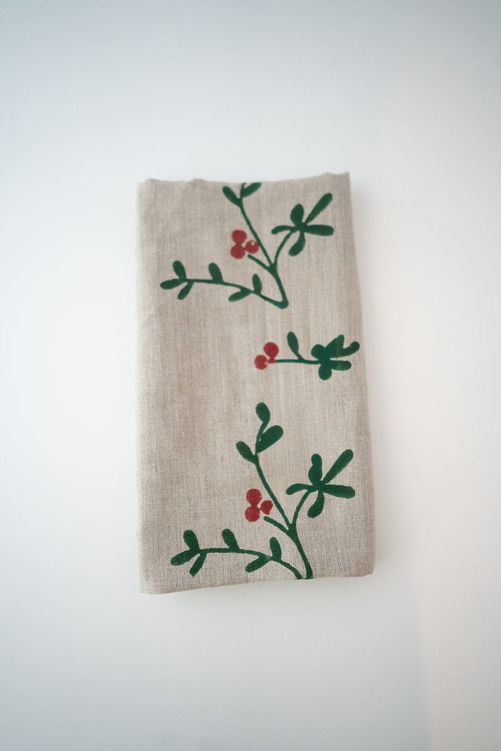 Table Runner (Flax Linen) - Winterberry, Evergreen - The Mended Company