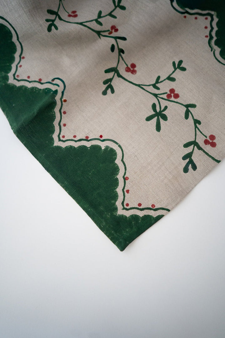 Table Runner (Flax Linen) - Winterberry, Evergreen - The Mended Company