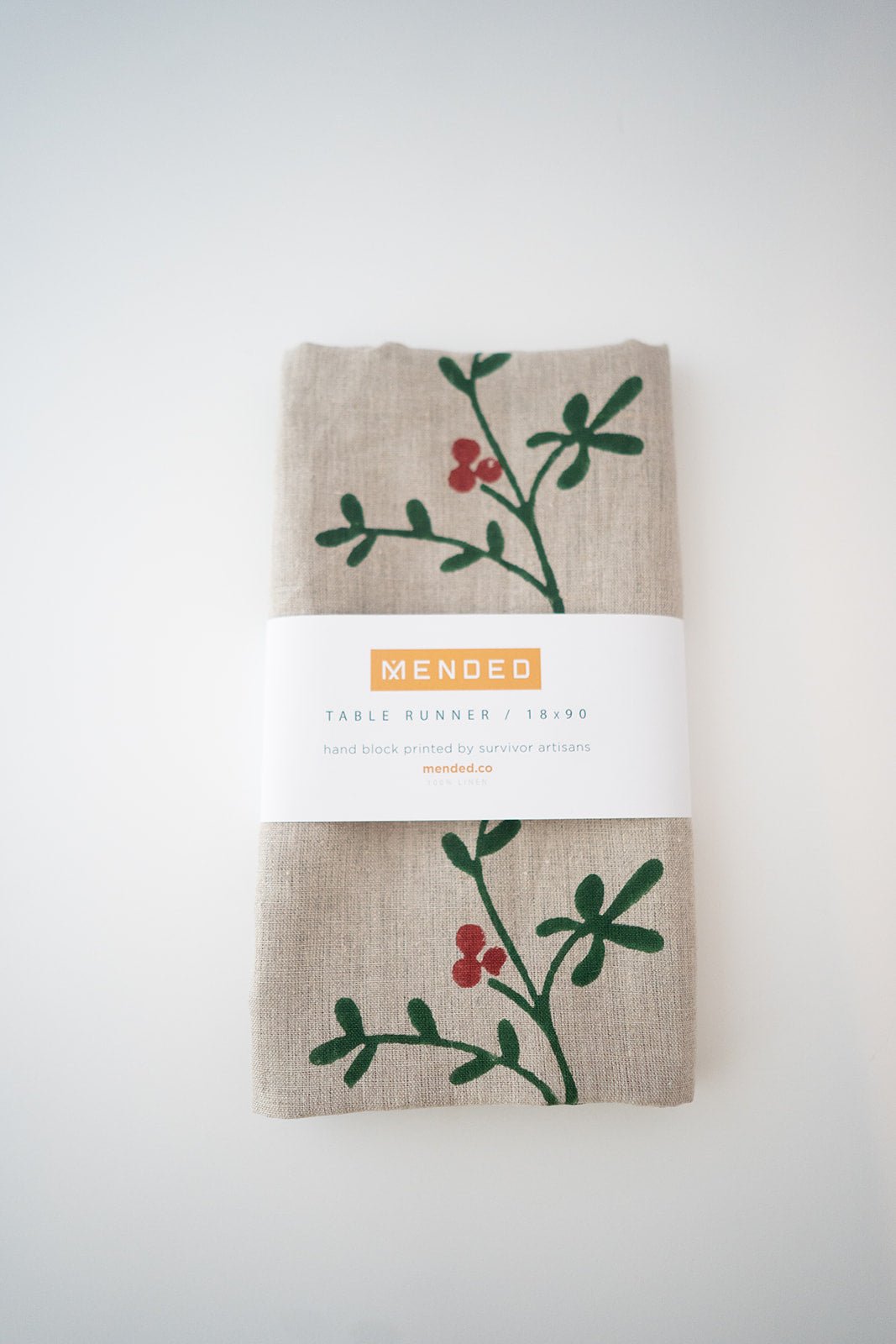 Table Runner (Flax Linen) - Winterberry, Evergreen - The Mended Company