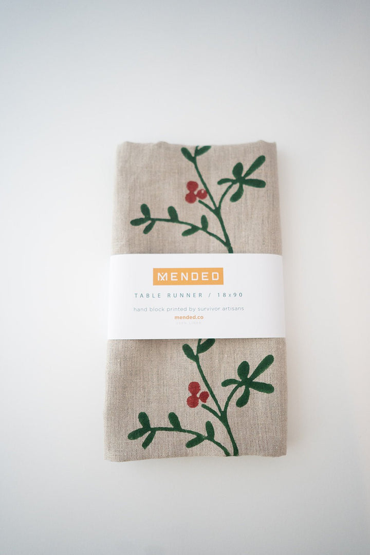 Table Runner (Flax Linen) - Winterberry, Evergreen - The Mended Company