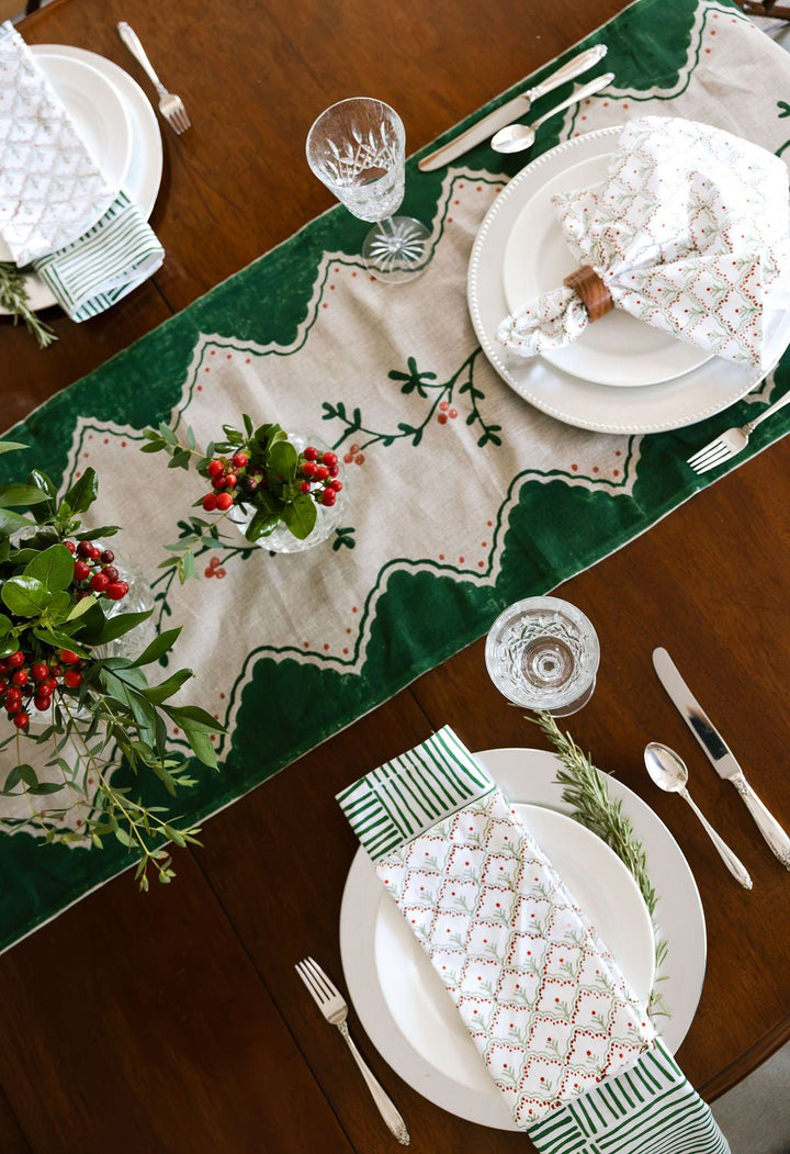 Table Runner (Flax Linen) - Winterberry, Evergreen - The Mended Company