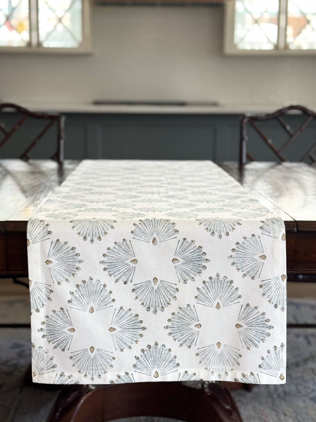 Table Runner (Ivory) - Peacock Paradise, Midnight & Chai - The Mended Company