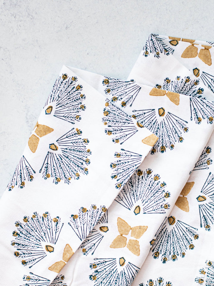Table Runner (Ivory) - Peacock Paradise, Midnight & Chai - The Mended Company