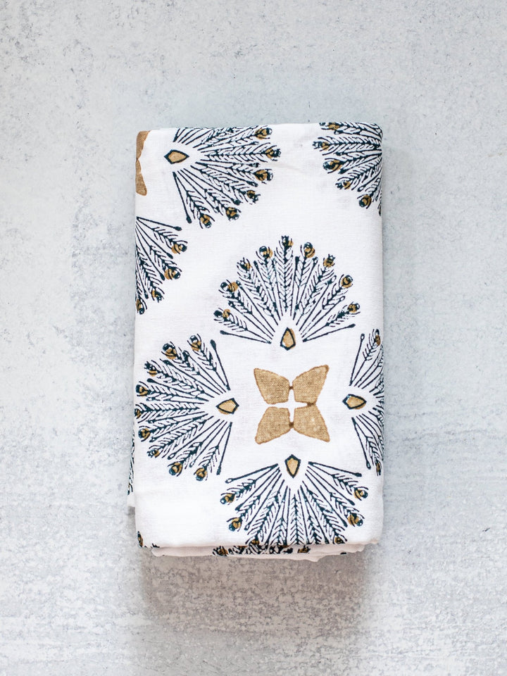 Table Runner (Ivory) - Peacock Paradise, Midnight & Chai - The Mended Company