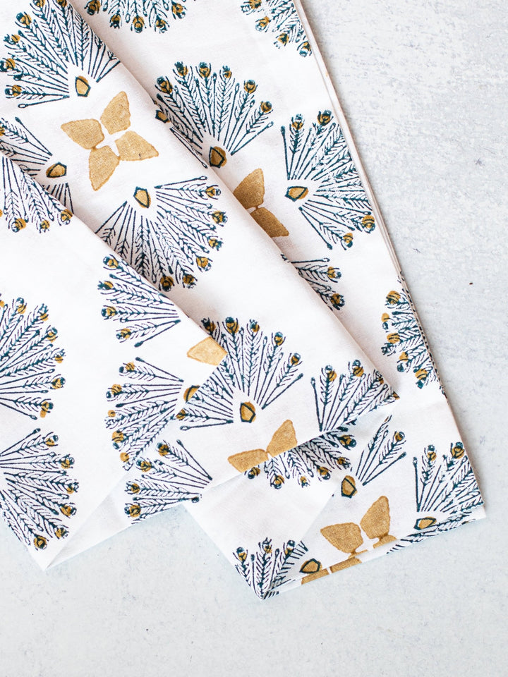 Table Runner (Ivory) - Peacock Paradise, Midnight & Chai - The Mended Company