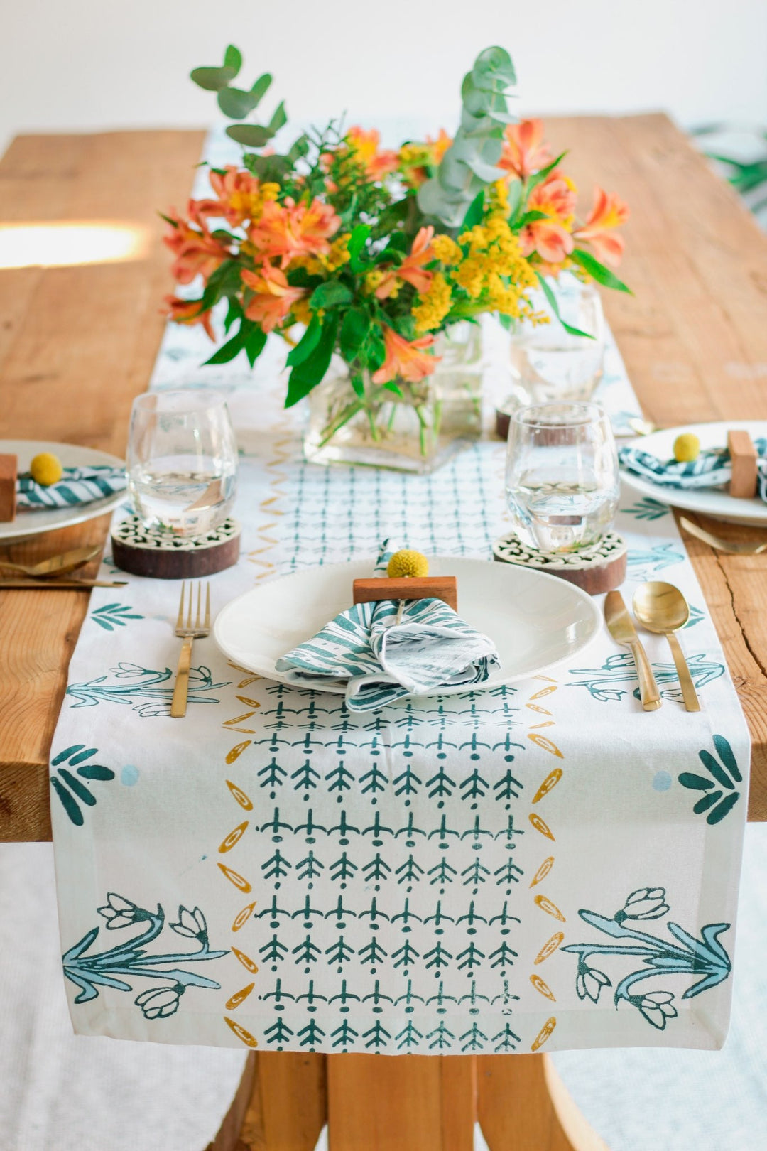 Table Runner - Snowdrop - Midnight Green, Sky Blue & Mustard - The Mended Company