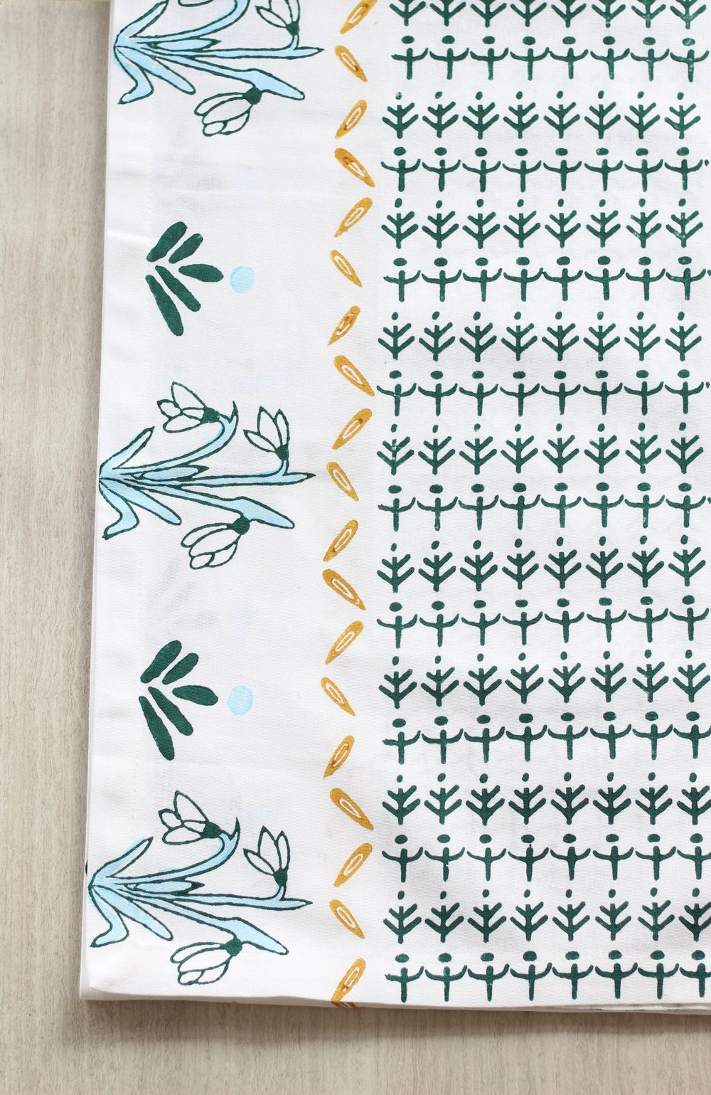 Table Runner - Snowdrop - Midnight Green, Sky Blue & Mustard - The Mended Company