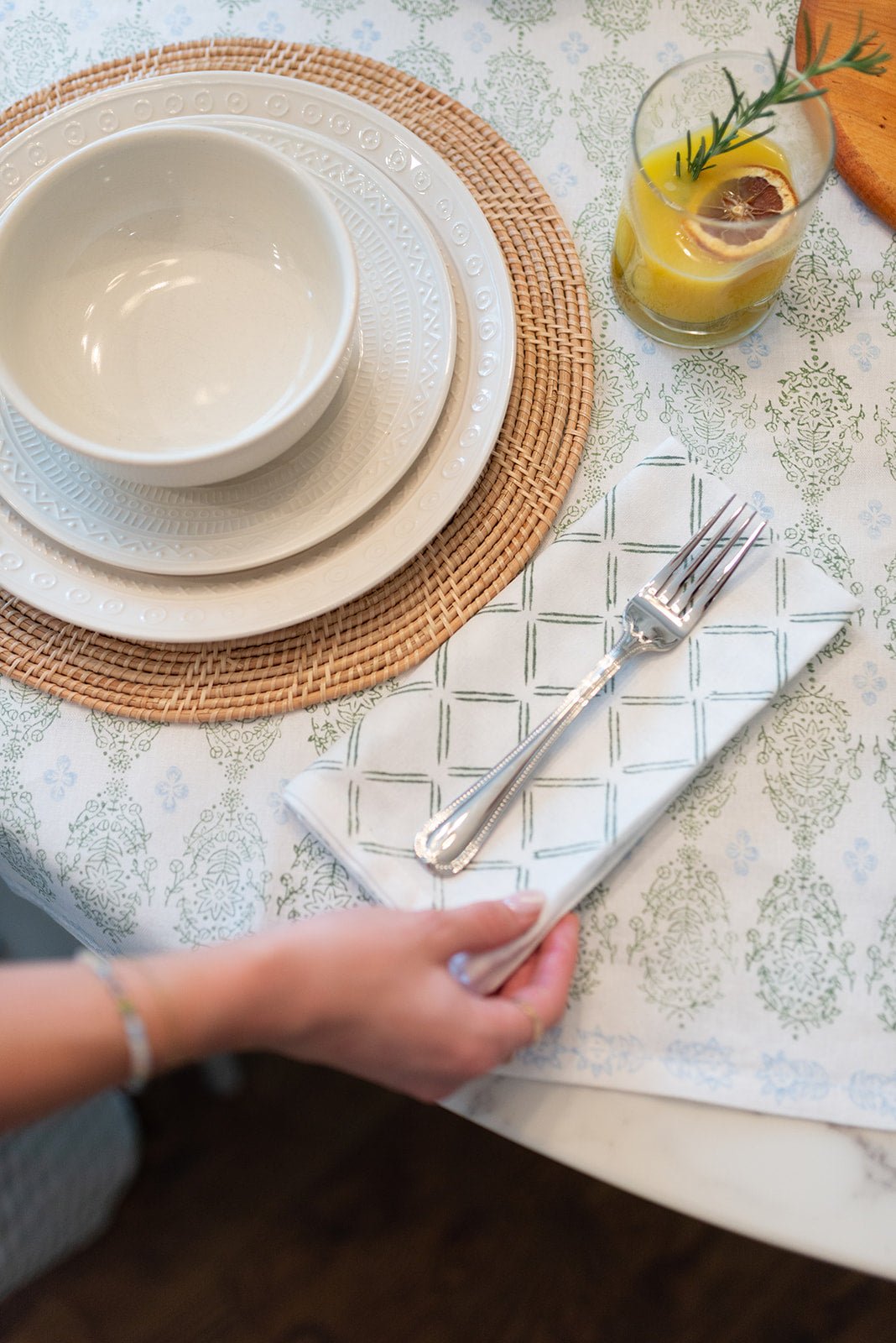 Table Runner - Vara Dogwood, Sage & Uniform Blue - The Mended Company