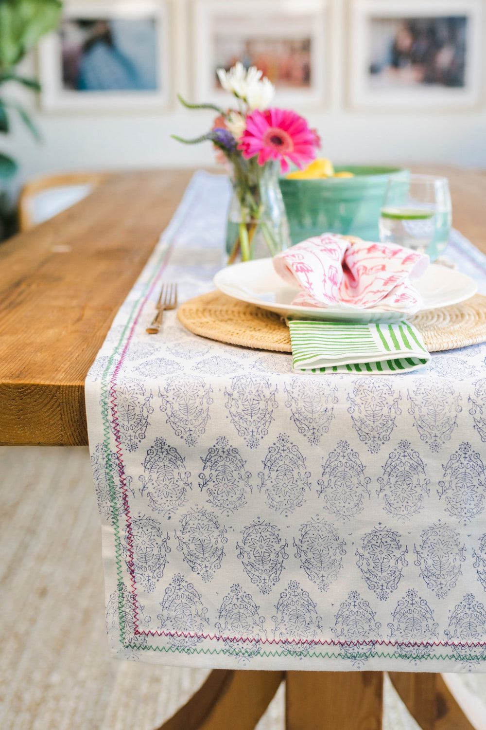 Table Runner - Vara, Navy with Pink & Green Stitching - The Mended Company