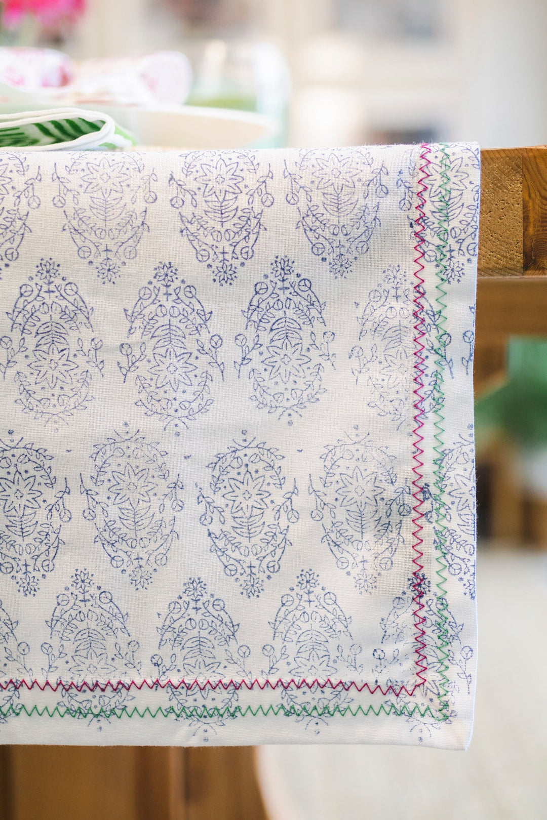 Table Runner - Vara, Navy with Pink & Green Stitching - The Mended Company