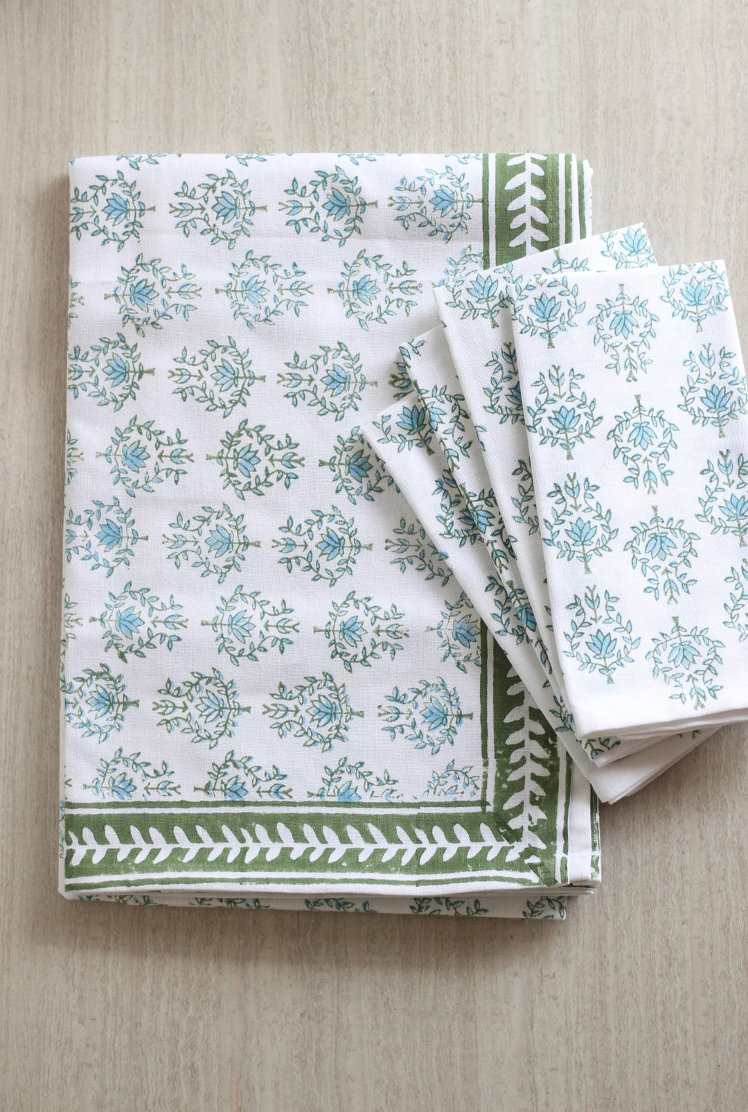 Table Throw - Lotus, Sage & Uniform Blue with Sage Vine Border - The Mended Company