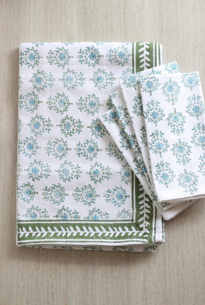 Table Throw - Lotus, Sage & Uniform Blue with Sage Vine Border - The Mended Company