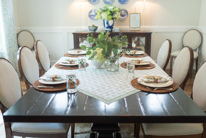 Table Throw - Lotus, Sage & Uniform Blue with Sage Vine Border - The Mended Company