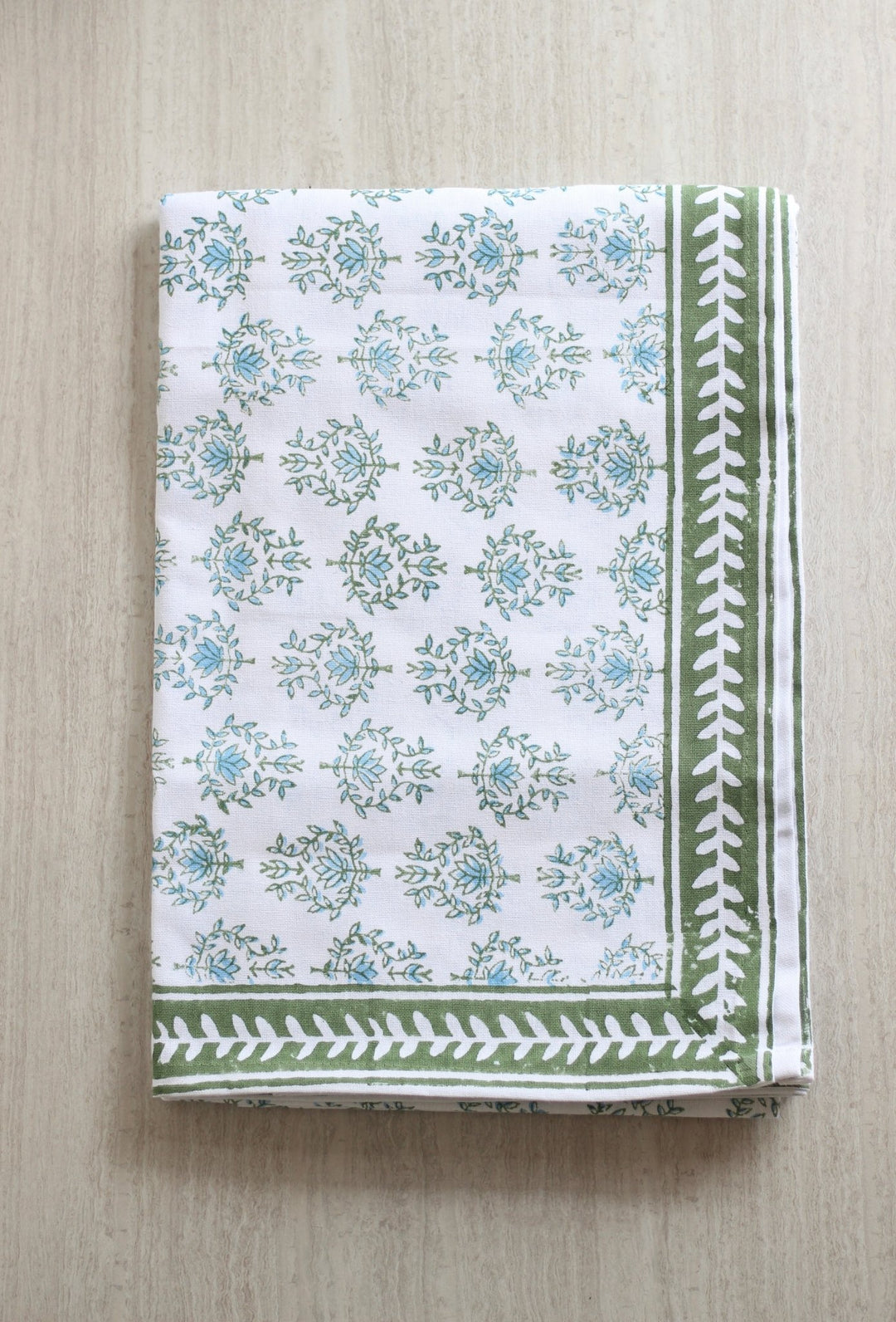 Table Throw - Lotus, Sage & Uniform Blue with Sage Vine Border - The Mended Company