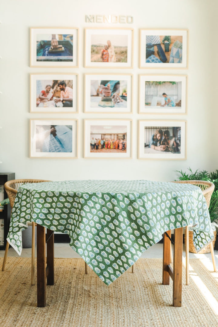 Table Throw - Poinsettia, Sage & Uniform Blue - The Mended Company