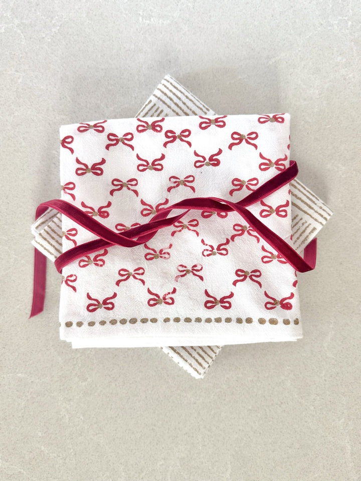 Tea Towel - Bows, Red & Gold - The Mended Company