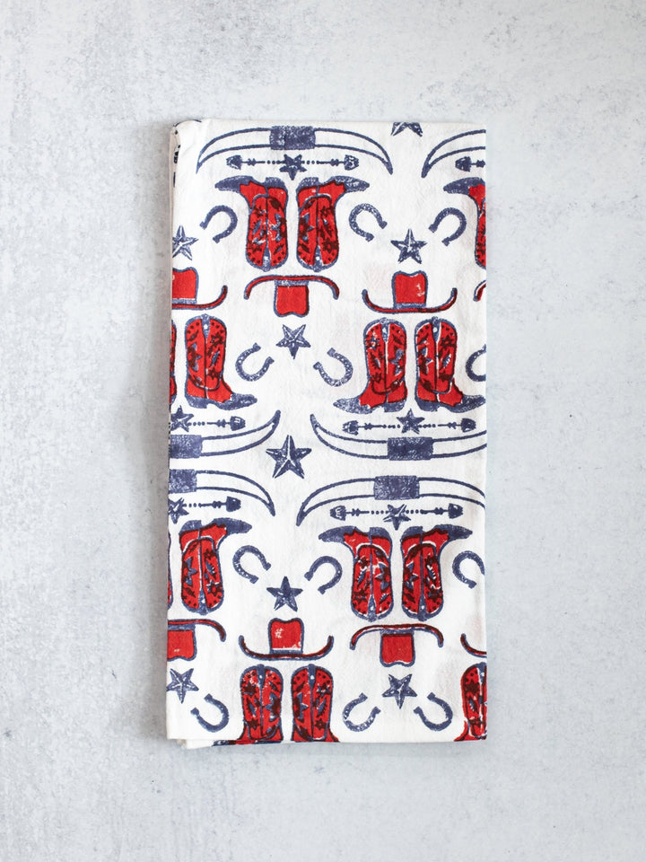 Tea Towel (Ivory) - Cowgirl Boots, Poppy & Navy - The Mended Company