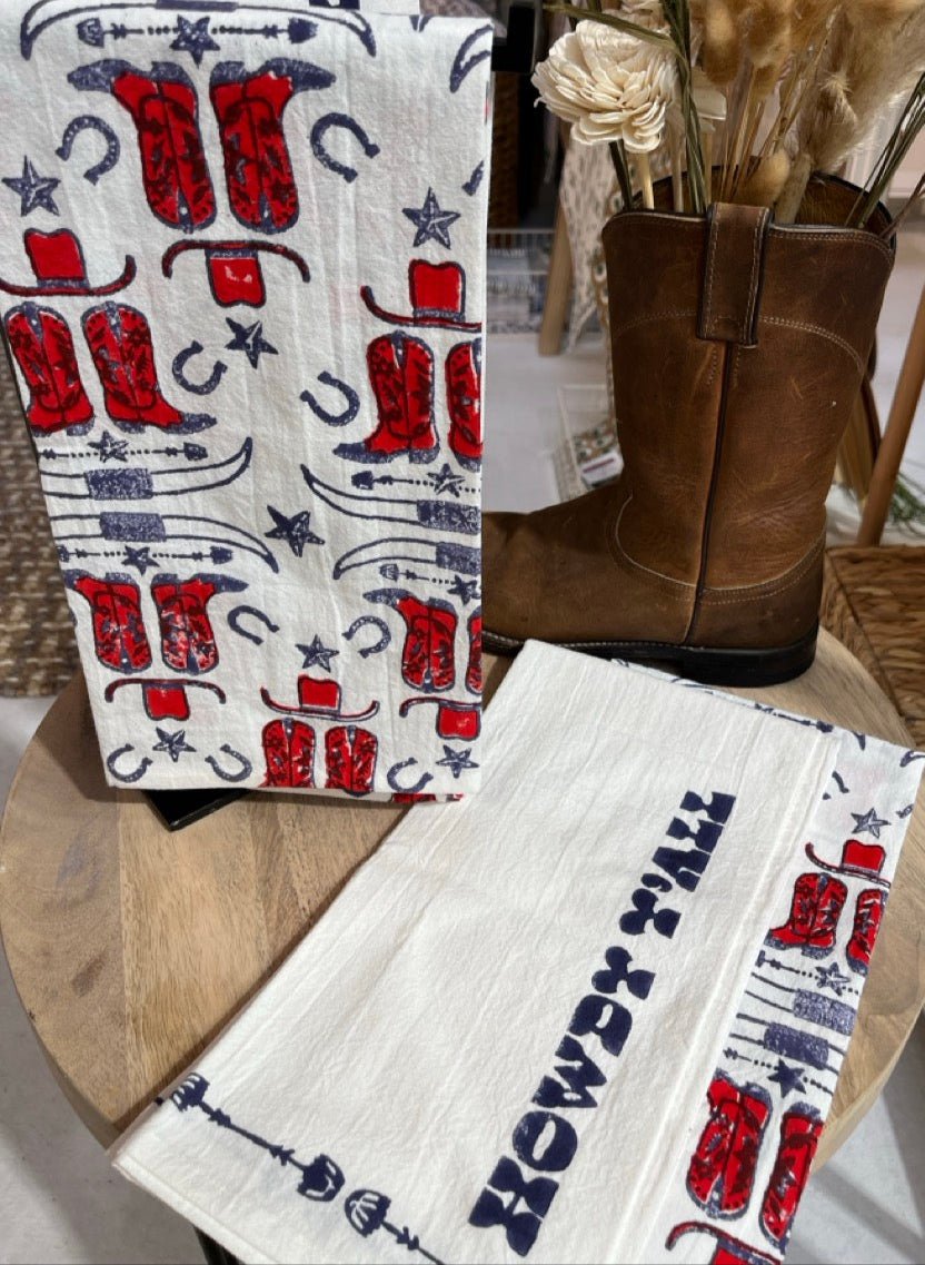 Tea Towel (Ivory) - Cowgirl Boots, Poppy & Navy - The Mended Company