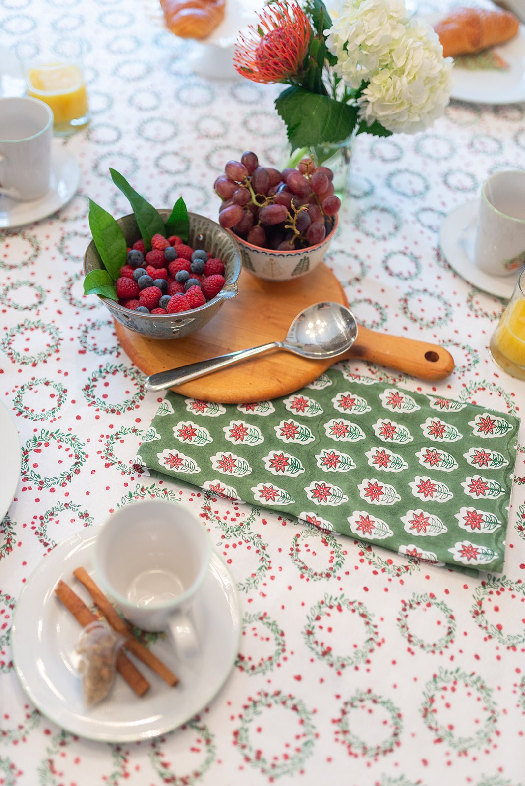 Tea Towel - Poinsettia, Sage & Red - The Mended Company