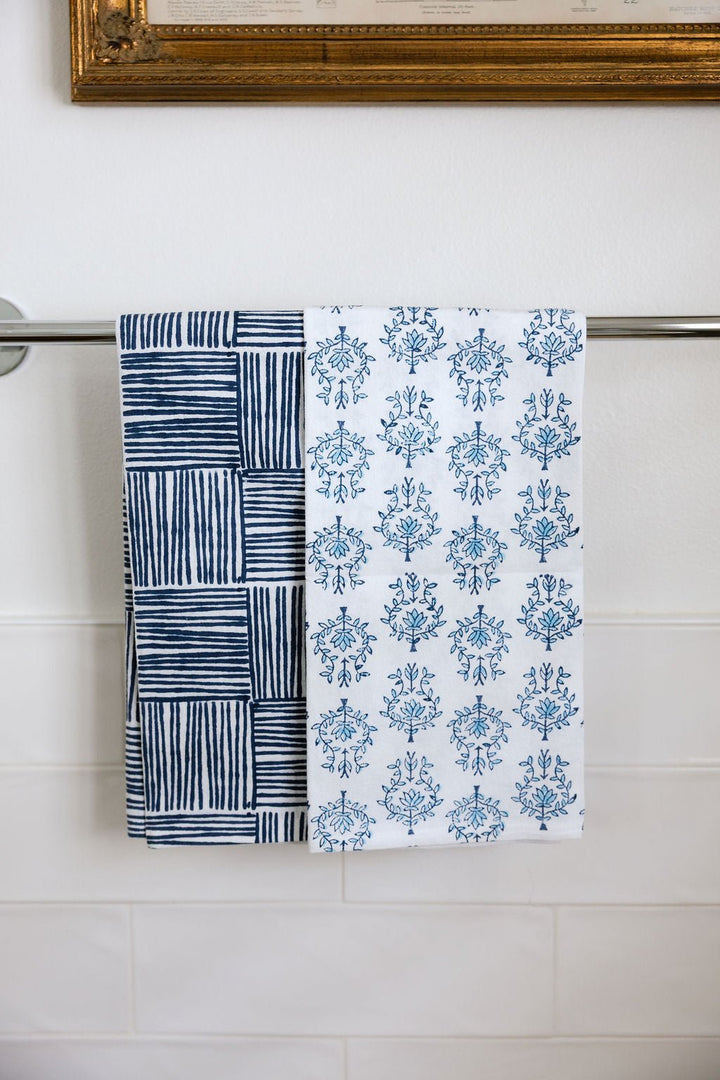 Tea Towel Set - Lotus &amp; Stripe, Navy - The Mended Company