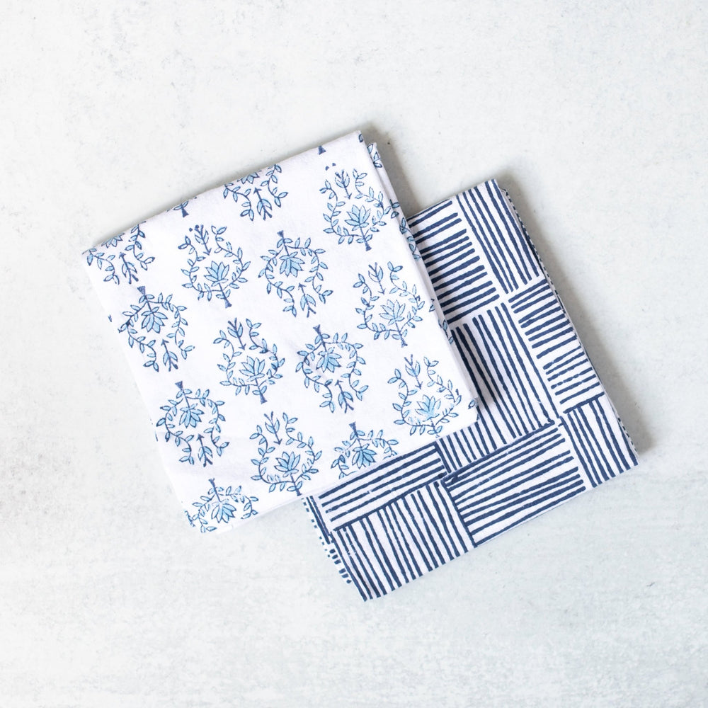 Tea Towel Set - Lotus & Stripe, Navy - The Mended Company