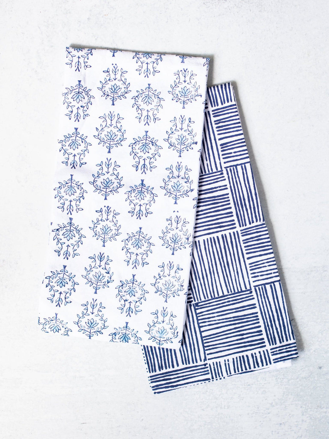Tea Towel Set - Lotus &amp; Stripe, Navy - The Mended Company